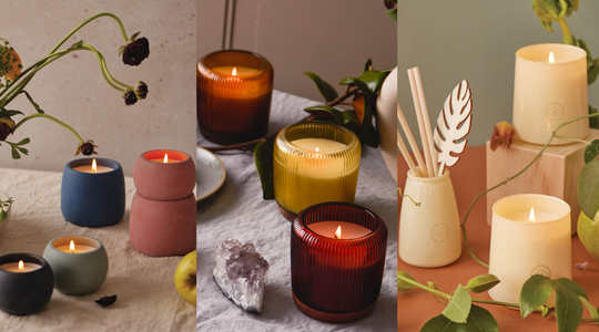 Combination of three photos with concrete candles and florals, glass candles with wood bases, and creamy opaque glass candles and reed diffusers